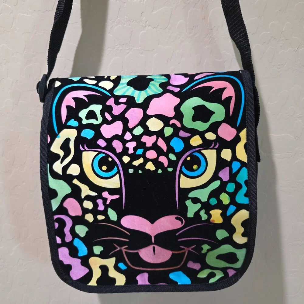 Peachtree Playthings Black Velvet Canvas Neon LION CAT Messenger Crossbody Bag